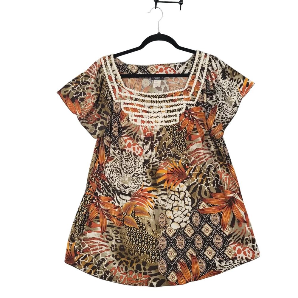COCOMO Novelty Leopard Cat Tribal Short Sleeve Stretch Top Mob Wife SIZE 1X